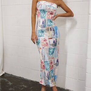 Strapless Tropical Print Maxi Dress in White and Blue Size 8 Aus